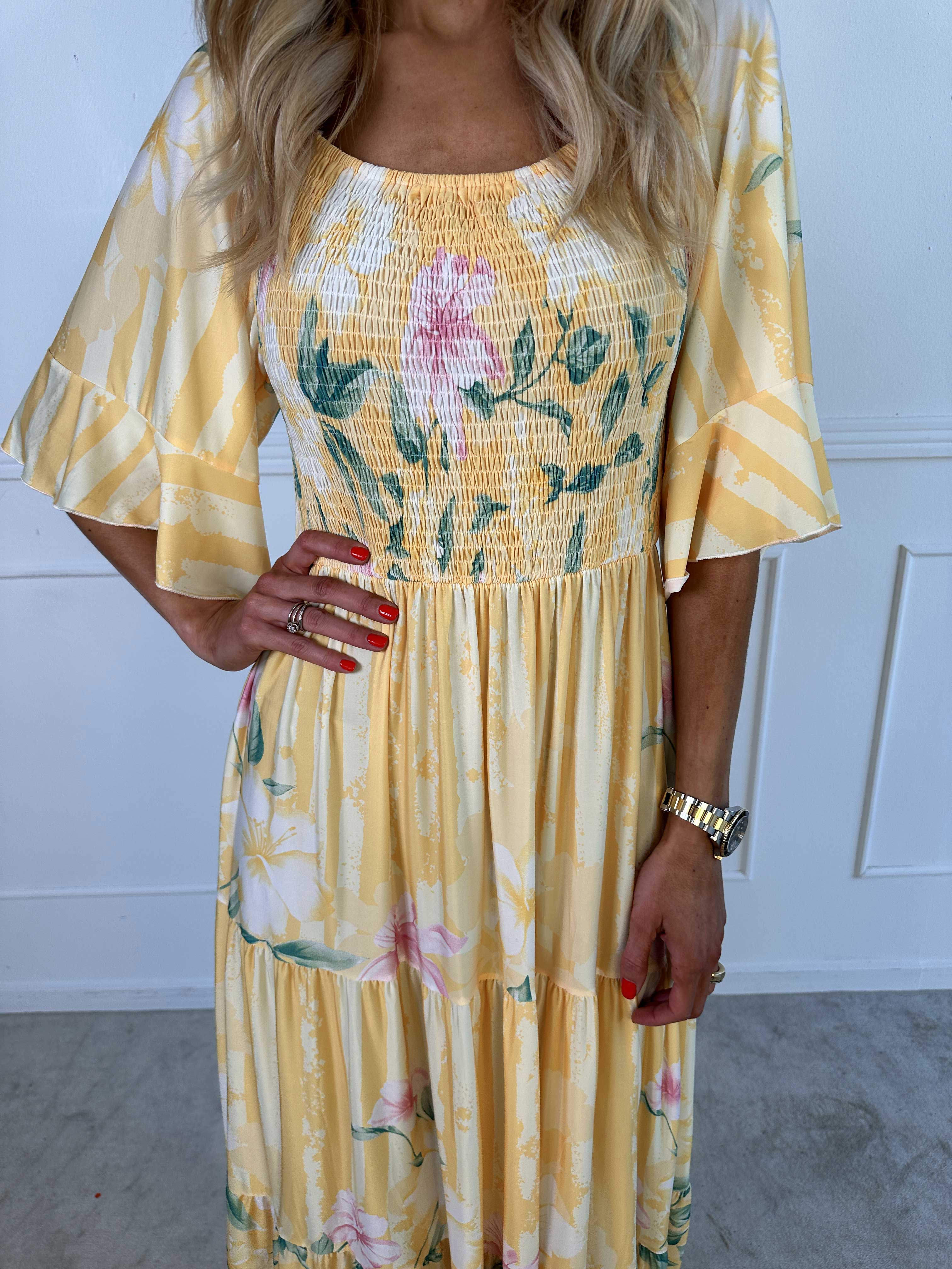 Elna Floral Stripe - Blomstret elastisk kjole med smock over brystet